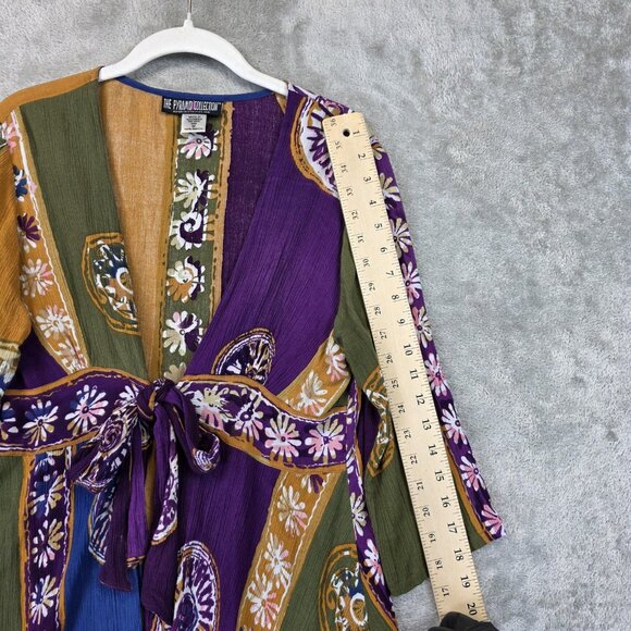 The Pyramid Collection Kimono Top Womens Medium Patchwork Tie Waist Boho Rayon - Picture 6 of 10
